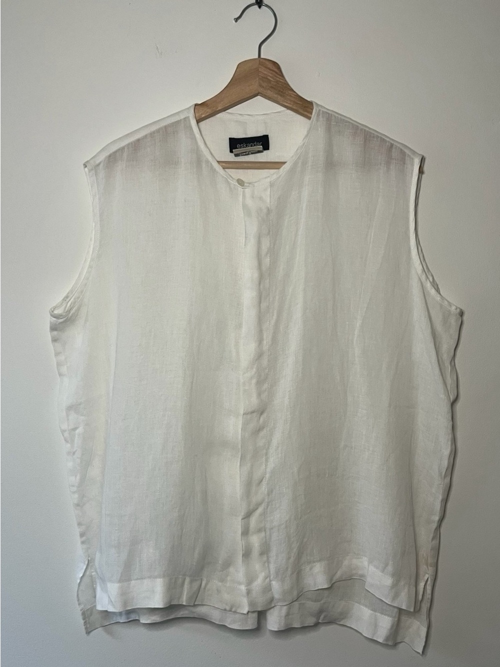 Eskandar Lightweight Linen Sleeveless Button Shirt - White Oversized LagenLook
